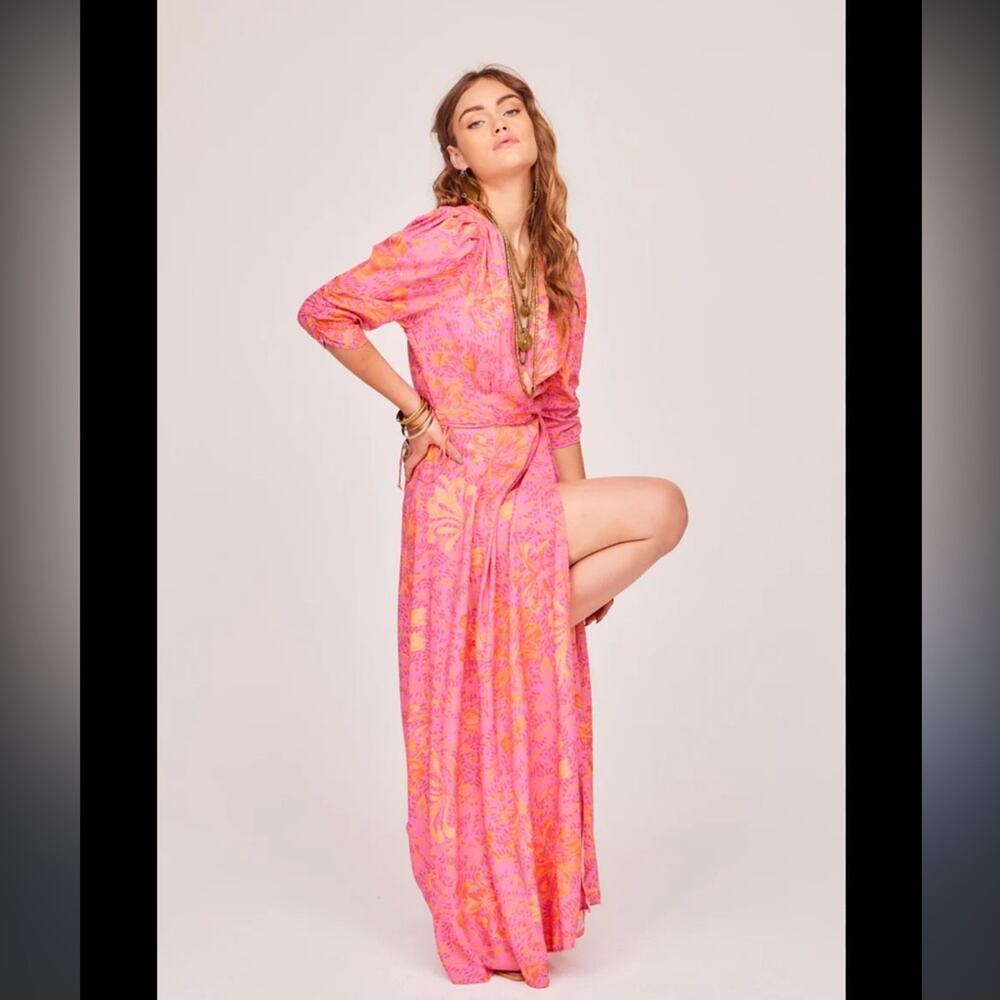 Jen's Pirate Booty Garden Party Row Maxi Wrap Dress Pink Orange Small